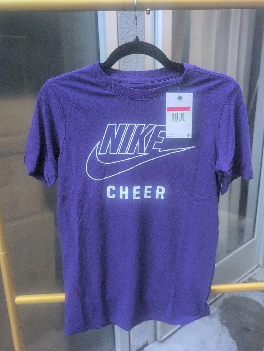 Boys Kids Nike Purple 'NIKE' Swoosh CHEER Short Sleeve T-shirt Size L NWT